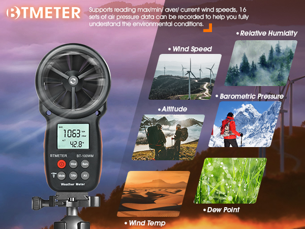 WapoRich RQ-100WM Digital Anemometer Barometer Handheld Wind Speed Meter Measure Humidity/Altitude/Barometric/Windchill/Air Temperature For Sailing Windsurfing HAVC