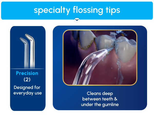 Image of flossing tips with text that says includes 2 Precision tips designed for everyday use
