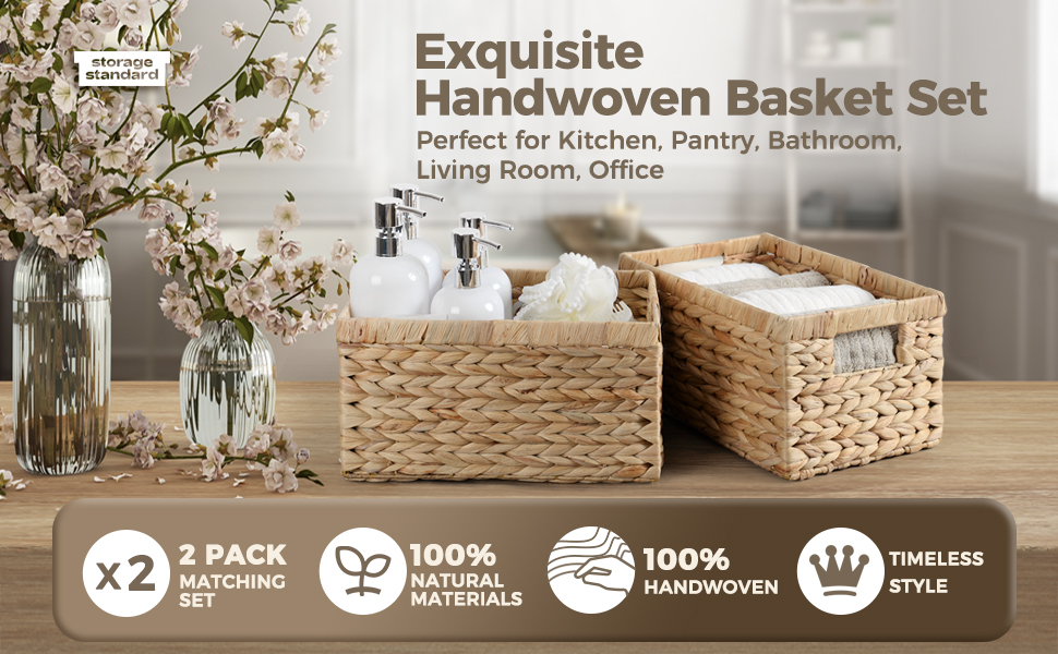 2 Wicker Shelf Storage Baskets Organizing Natural Durable Water Hyacinth Woven Basket Pantry