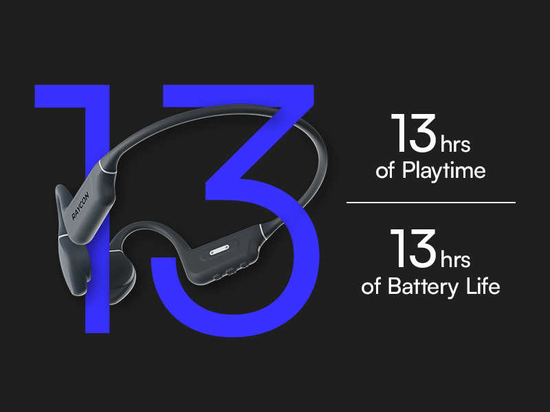bone conduction headphones, 13 hours of playtime, 13 hours of battery life