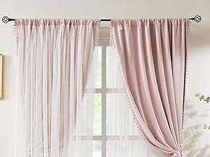 pink double layer blackout curtains and sheer curtains