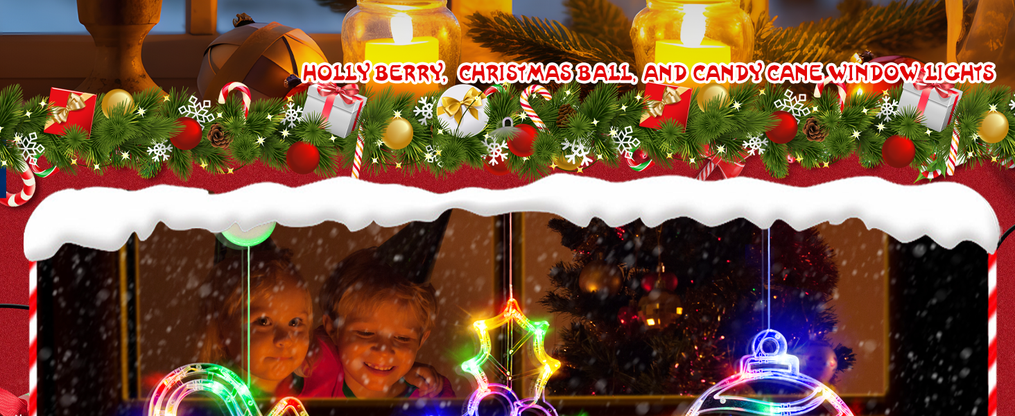 Christmas scene with window decorated with garland, snow, and colorful lights. Interior view shows warm glow.