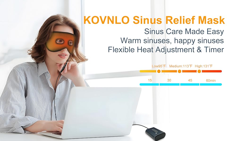 KOVNLO Sinus Pressure Relief Mask, USB Heated Migraine Mask with 3 Heat & 7 Timer