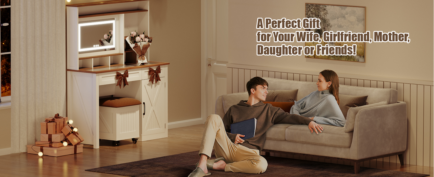 Farmhouse Makeup Vanity Desk with Mirror and Lights, 43