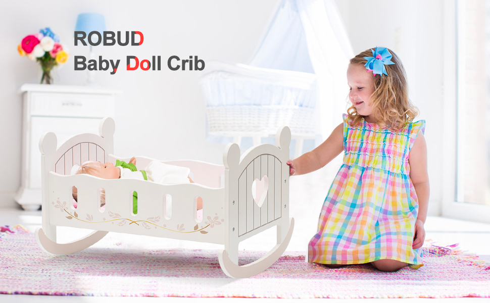 ROBUD Dolls Cot Wooden Baby Girls Toys, 3+ Year Old Girl Toddler Toy Doll Bed Gifts for 2 3 4 5