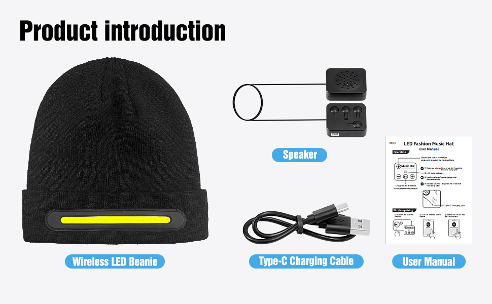 Wireless LED Beanie Speaker Type-c charging cable User Manual