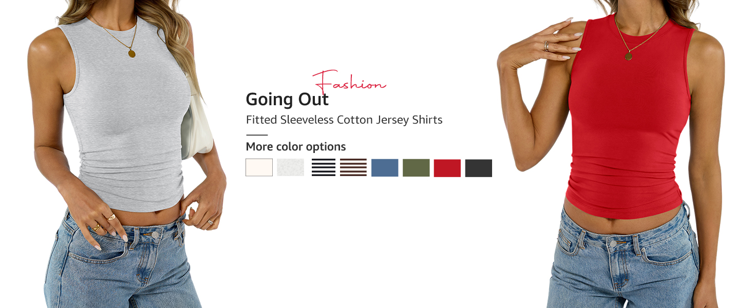 Womens Cotton High Neck Tank Tops Fitted Basic Sleeveless Shirts Summer Casual Striped Outfits