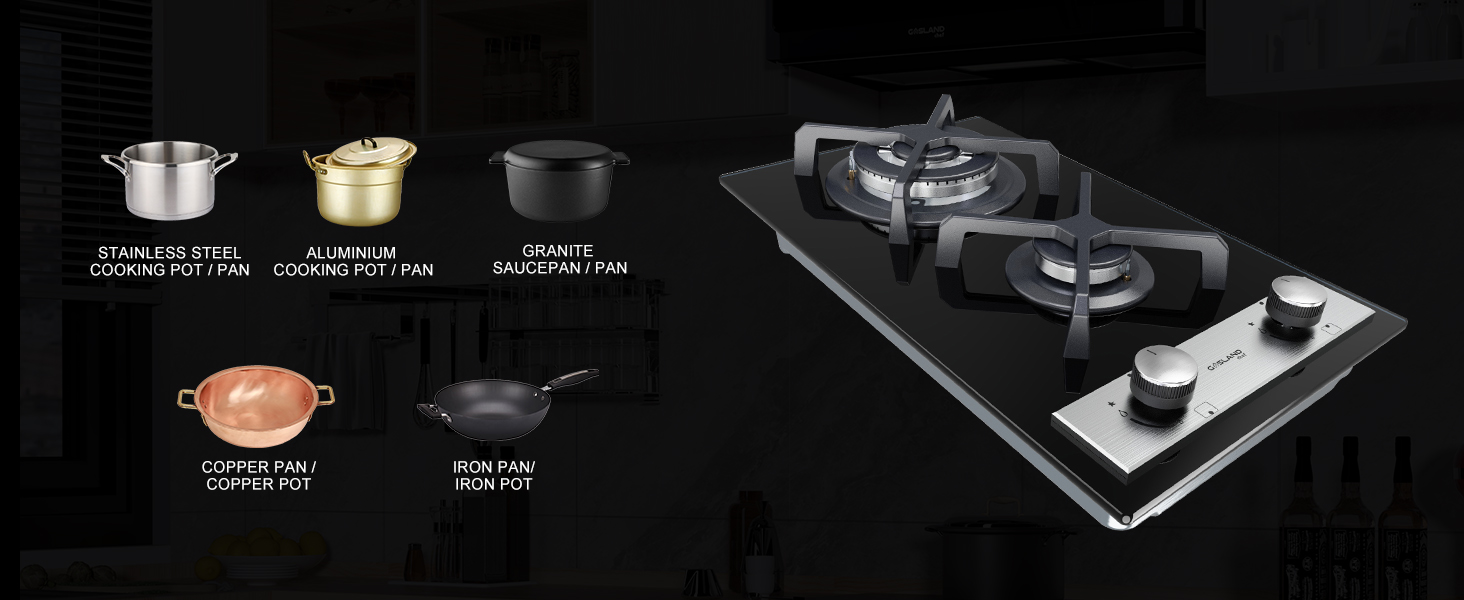 Built-in 2 Burners Gas Hob, Black Tempered Glass Gas Cooktop, NG/LPG Convertible Gasland Chef GH30BF 19 Gas Hob