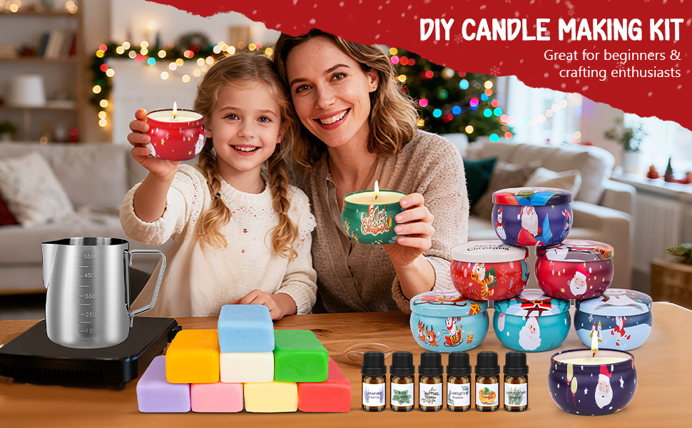 Text reads 'DIY CANDLE MAKING KIT'. Multiple images showing colorful candle making supplies including wax blocks, dyes, and finished candles.