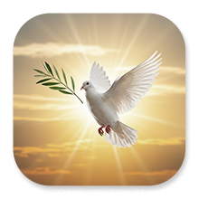 Dove flying with an olive branch in front of the sun..