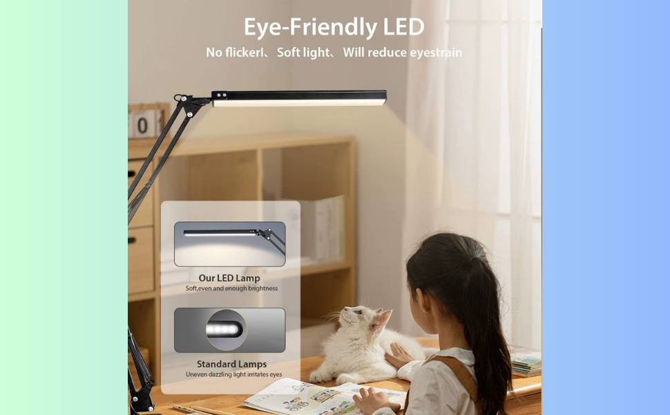 Luminária de mesa LED com braço articulado e braçadeira, 3 modos de brilho de iluminação escritório