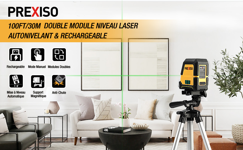 PREXISO Niveau Laser Auto-nivelant Rechargeable 30M (Faisceau Vert), Traceur De Ligne Laser Avec Batterie 2600mAh, Ligne Laser Croisé Avec Base Magnétique Pivotante, Plaque Cible Et Sac Portable 10 1
