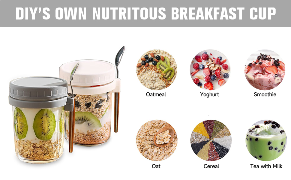 EthCat 4 Pack Overnight Oats Containers with Lids and Spoons, Overnight