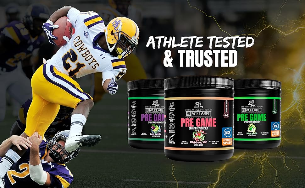 Football player in action next to three BlackLabel Pre Game jars and “Athlete Tested & Trusted” text