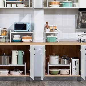 Expandable Cabinet Shelf Organizer Kitchen Shelf Riser Stackable Pantry Shelves