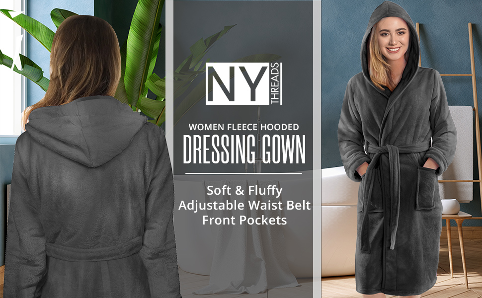 NY Threads Women's Hooded Bathrobe, Soft Fluffy Fleece, Dressing Gown