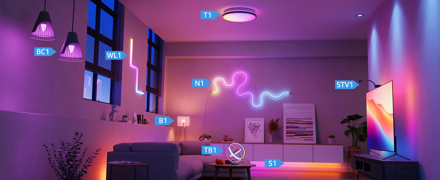 Room interior with purple and pink LED ambient lighting, featuring neon-style wall decorations and modern furniture setup.
