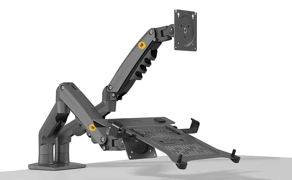 Soporte ajustable para monitor/portátil con brazo articulado, con múltiples articulaciones y una plataforma para soportar el dispositivo. Construcción de metal gris con detalles