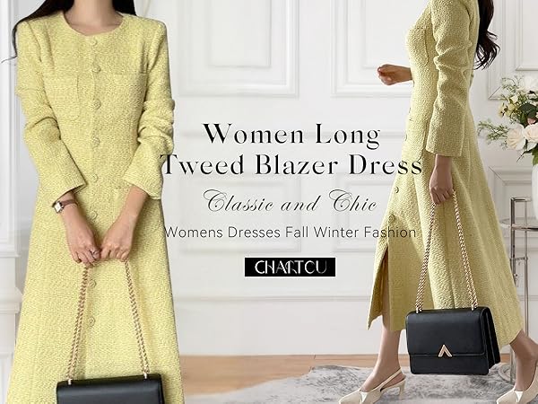 CHARTOU Women Tweed Dress Long Sleeve Single Breast Elegant