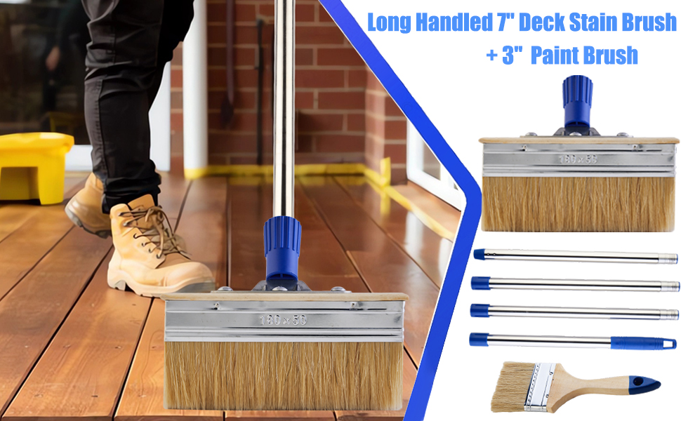 7" Decking Paint Brush Deck Stain Applicator with 60" Long Handle, 3
