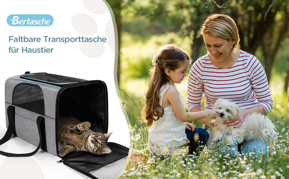 Faltbare Transportbox für Haustiere mit Netzeinsätzen und einer Katze im Inneren. Das nebenstehende Bild zeigt Menschen mit Haustieren im Freien.
