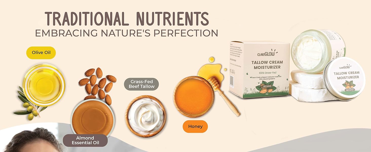 beef tallow moisturizer face body skin whipped grass fed grassfed organic pure honey almond balm
