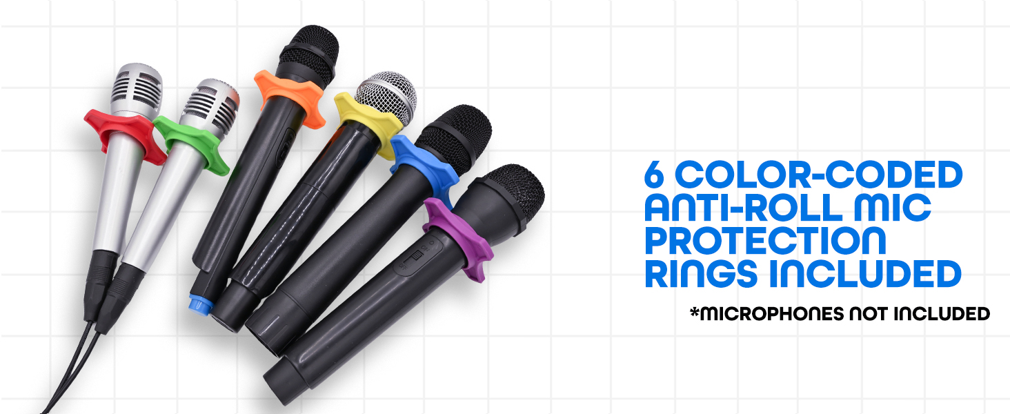 6 color-coded anti-roll mic protection rings included, microphones not included