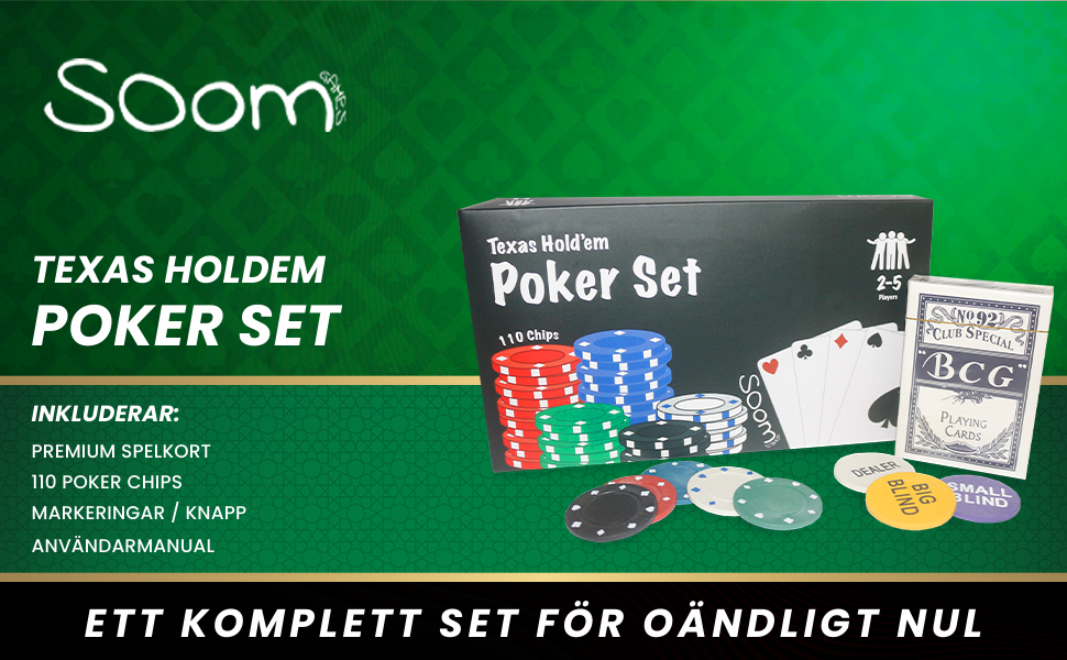 Set Poker Soom Games Per 2-5 Giocatori - 110 Chip, Carte, Pulsanti Dealer E Blind, Kit Completo Texas Holdem