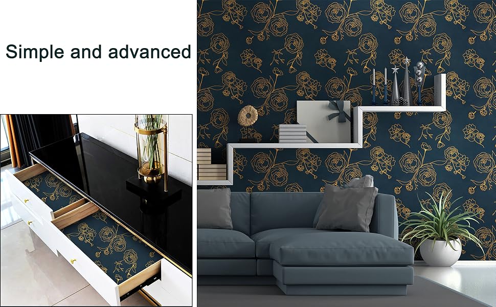 Safiyya Contact Paper Floral Wallpaper Gold and Blue Peel