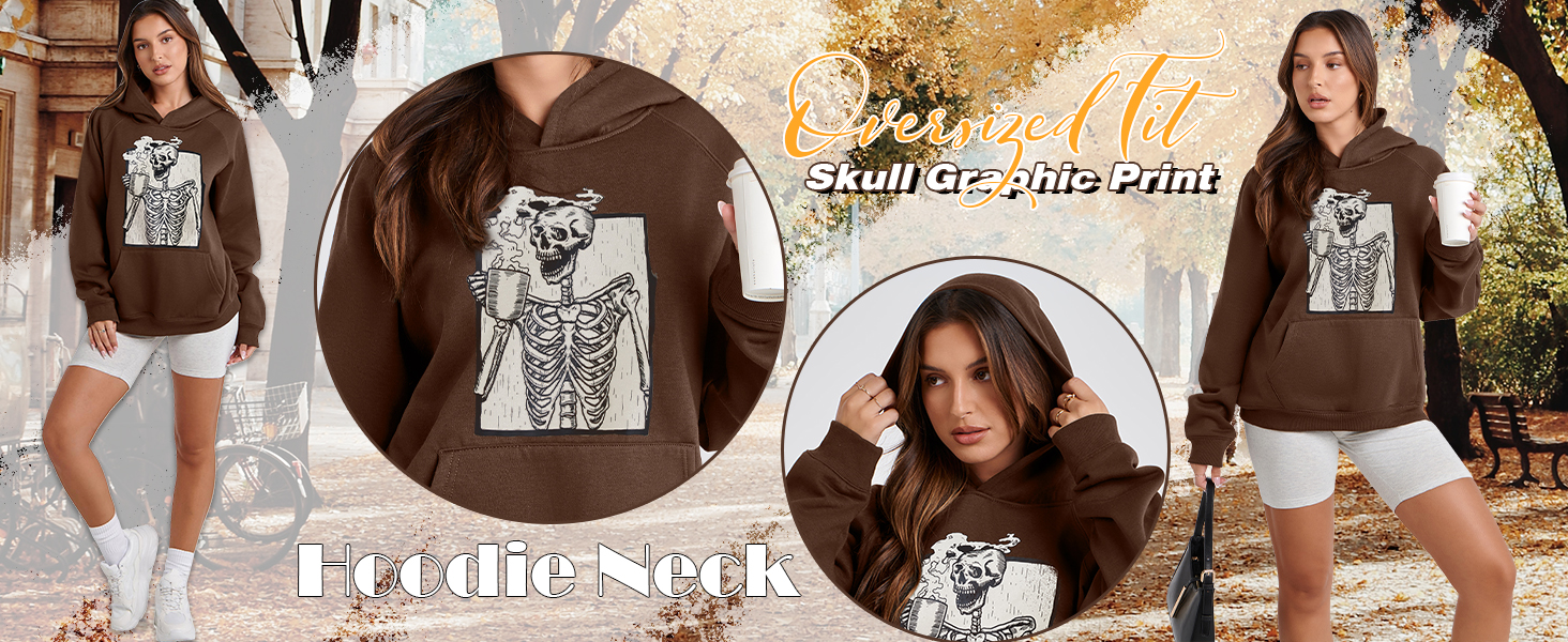 Women Skull Graphic Printed Fleece Oversized Hoodie Sweatshirt Long Sleeve Drop Shoulder Pullovers