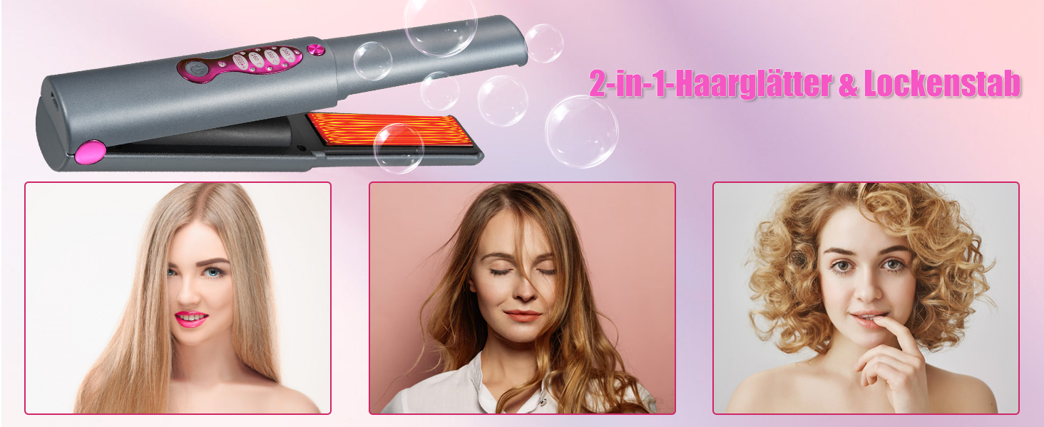 Haarstylingtool met grijs handvat en roze accenten. De tekst geeft aan dat het een 2-in-1 stijltang en krultang