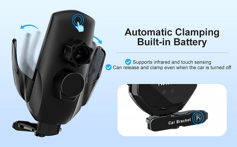 Black wireless car phone mount with automatic clamping feature and built-in battery. Shows infrared sensing mechanism and car bracket components.