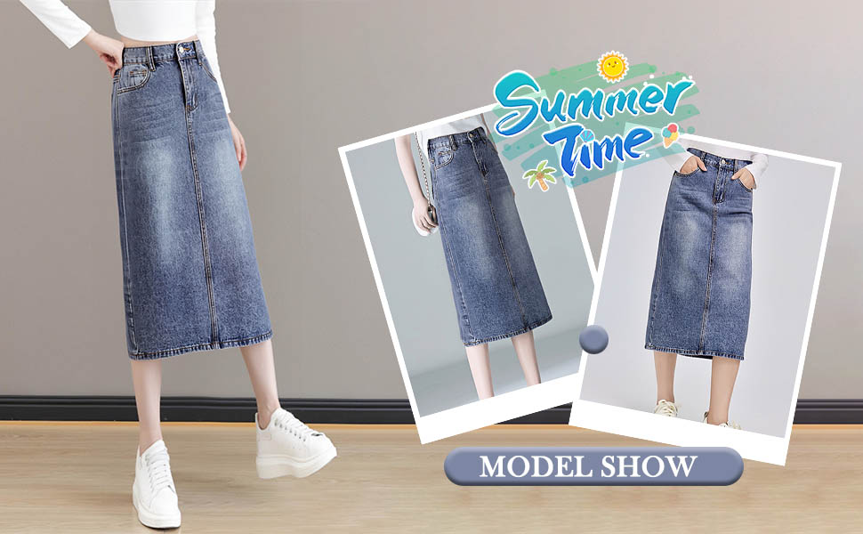 【Anyone more】Puky denim washed long skirt Amazon.com: Girls Casual Stretch Waist Denim Washed Long