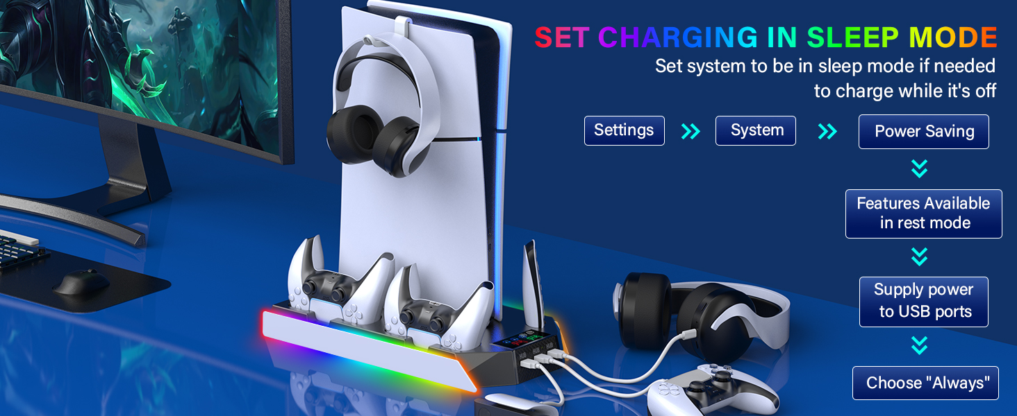 ps5 cooling station with controller charging station and led lights