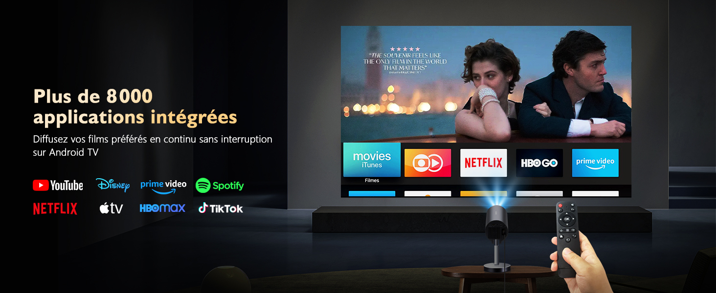 affichant des applications de streaming, notamment Netflix, Disney+ et Spotify, avec du texte français indiquant plus de 8 000 applications intégrées