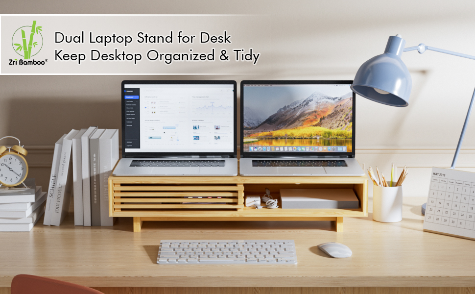 laptop computer monitor screen stand riser drawer storage desk accessories organizer bamboo wood