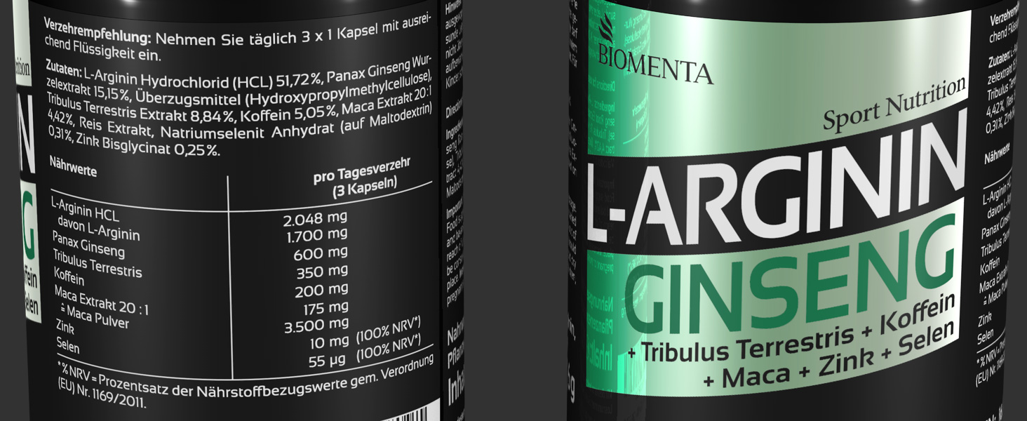 BIOMENTA Arginin + Ginseng 180 LArginin Ginseng Kapseln hochdosiert