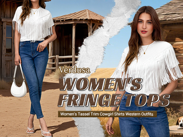 Verdusa Women's Short Sleeve Fringe Tops Tassel Trim Cowgirl