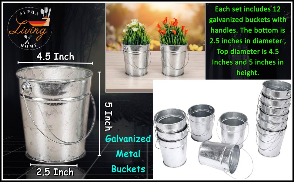 Alpha Living Home Christmas Decorations, Galvanized Metal Buckets Bulk 12 Pack