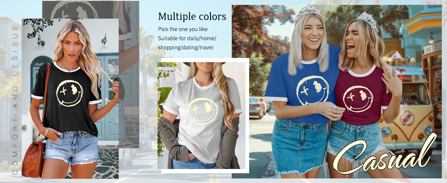 WIEIYM Women's T-Shirts Crew Neck Short Sleeve Ladies T Shirts Casual Summer Tops Smile Face Printed Tee Shirts Blouse S-XXL 14 tshirts women