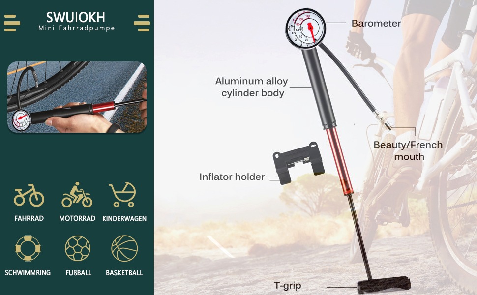 Mini Fahrradpumpe Luftpumpe Fahrrad mit Manometer, für Alle Ventile