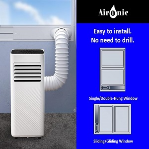 Portable air conditioner with exhaust hose flanked by blue panel advertising Aironic's easy to install single/double hung and sliding window units.