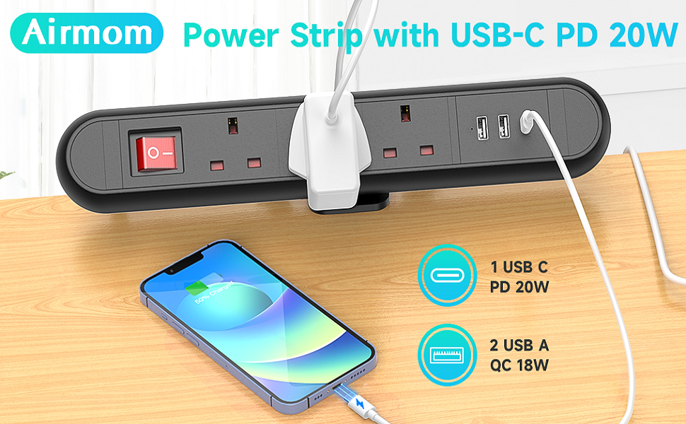 Desk Power Socket Extension Lead USBC PD 20W, Airmom Desktop Power