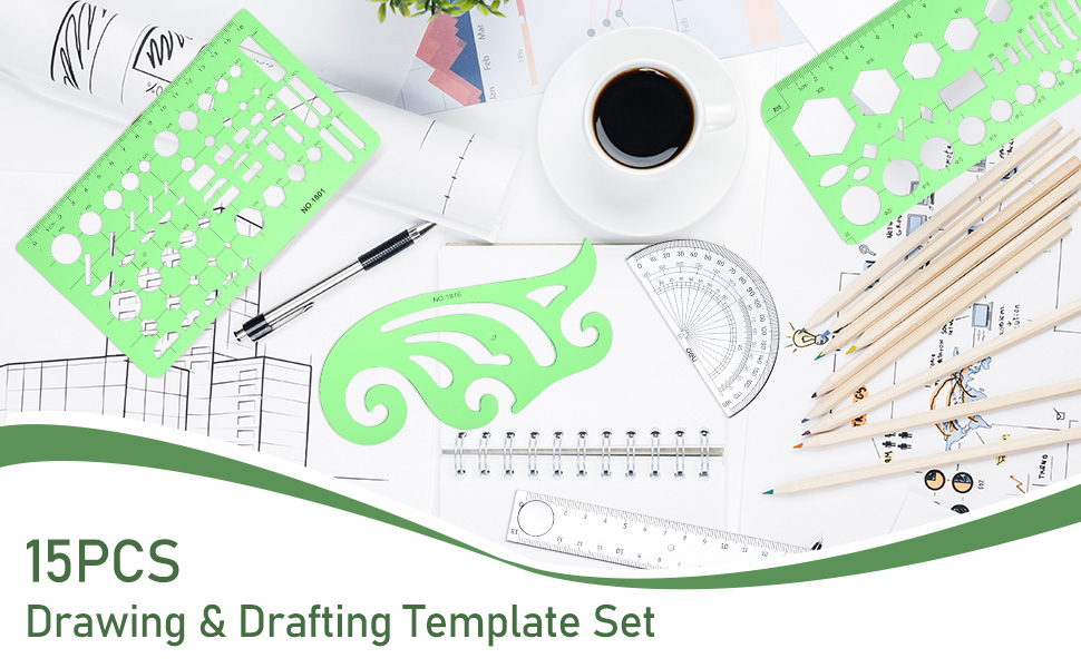 LAHONI 15PCS Geometry Drawing Templates, Plastic Drafting Maker Ruler
