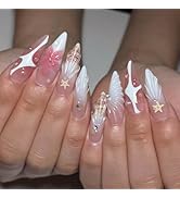 IMRAIN 3D Gel Handmade Press on Nails, Long Stiletto Fake Nails, Nude & White - Cute Flower, Shel...