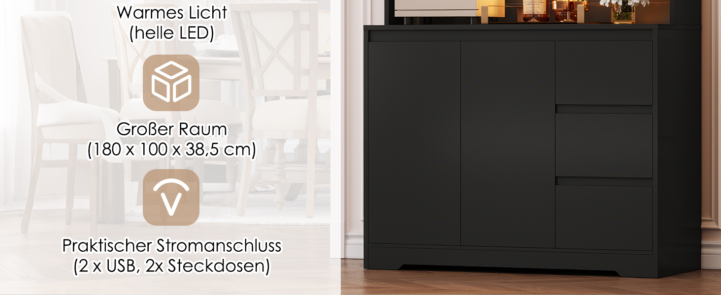 Das Sideboard ist aus schwarzem Holz gefertigt