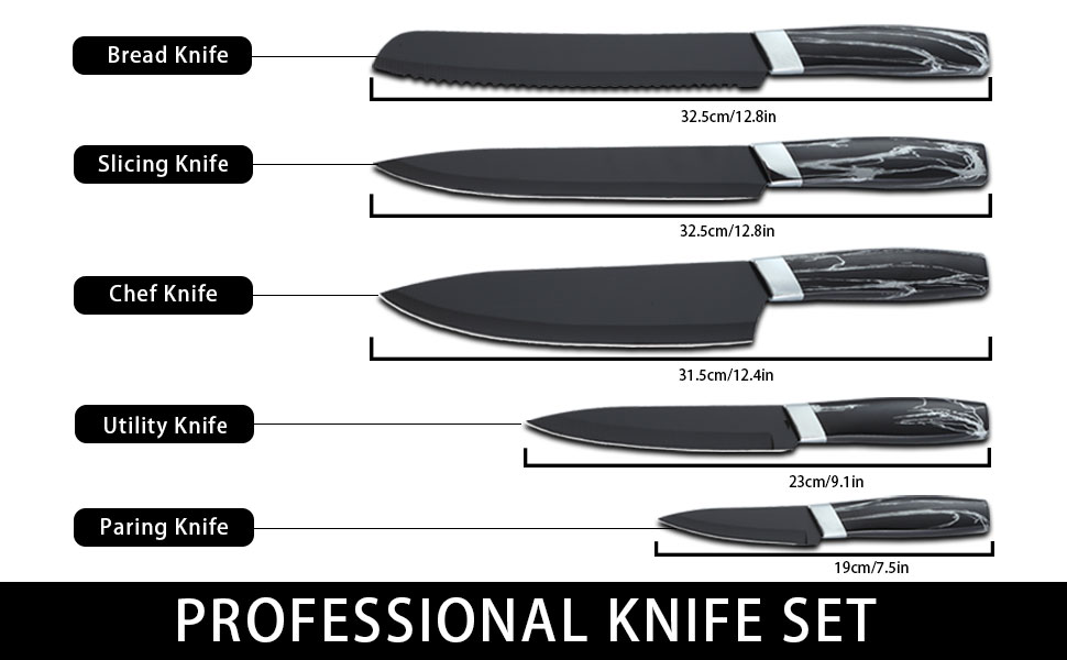 BEWOS Kitchen Knife Set, 5PCS Black Knife Set without Block