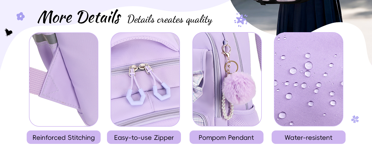 doté de coutures renforcées, d'une fermeture éclair facile à utiliser, d'un pendentif à pompon et d'une surface résistante à l'eau. Quatre panneaux mettent en évidence les différentes caractéristiques avec un texte descriptif.