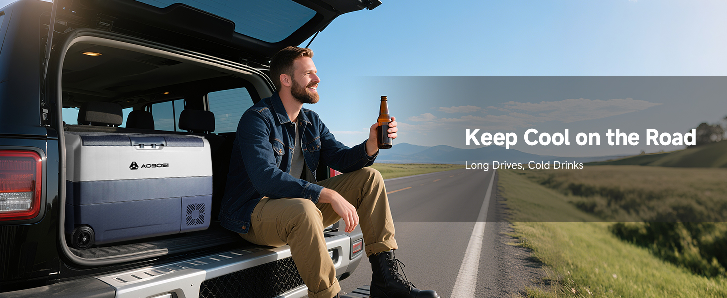 Text reads 'Keep Cool on the Road'. Marketing images showing car interior and dashboard-mounted device, featuring outdoor driving scenes.
