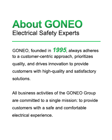 Text image describing GONEO, an electrical safety company founded in 1995. It emphasizes customer-centric approach, quality, innovation, and commitment to providing safe electrical experiences.